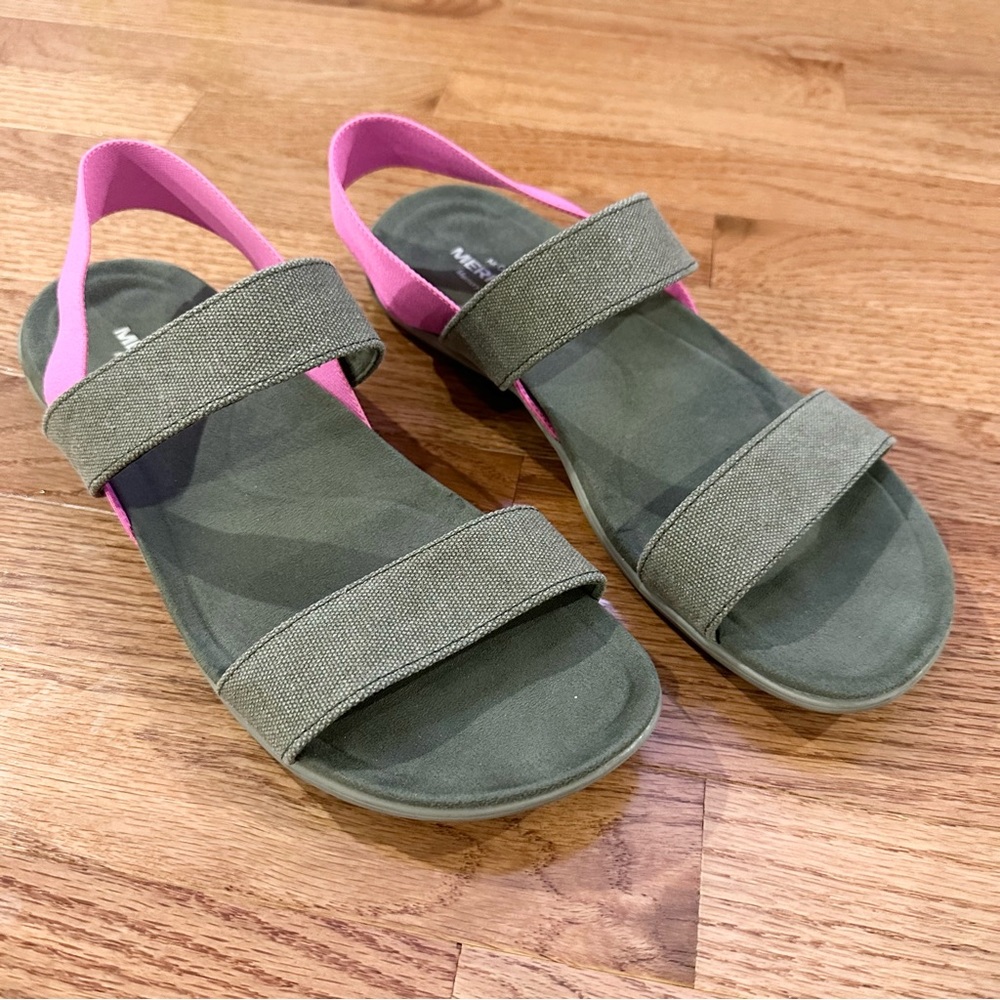 Merrell District Finley Sandals Women’s Olive Green & Pink strap size 10